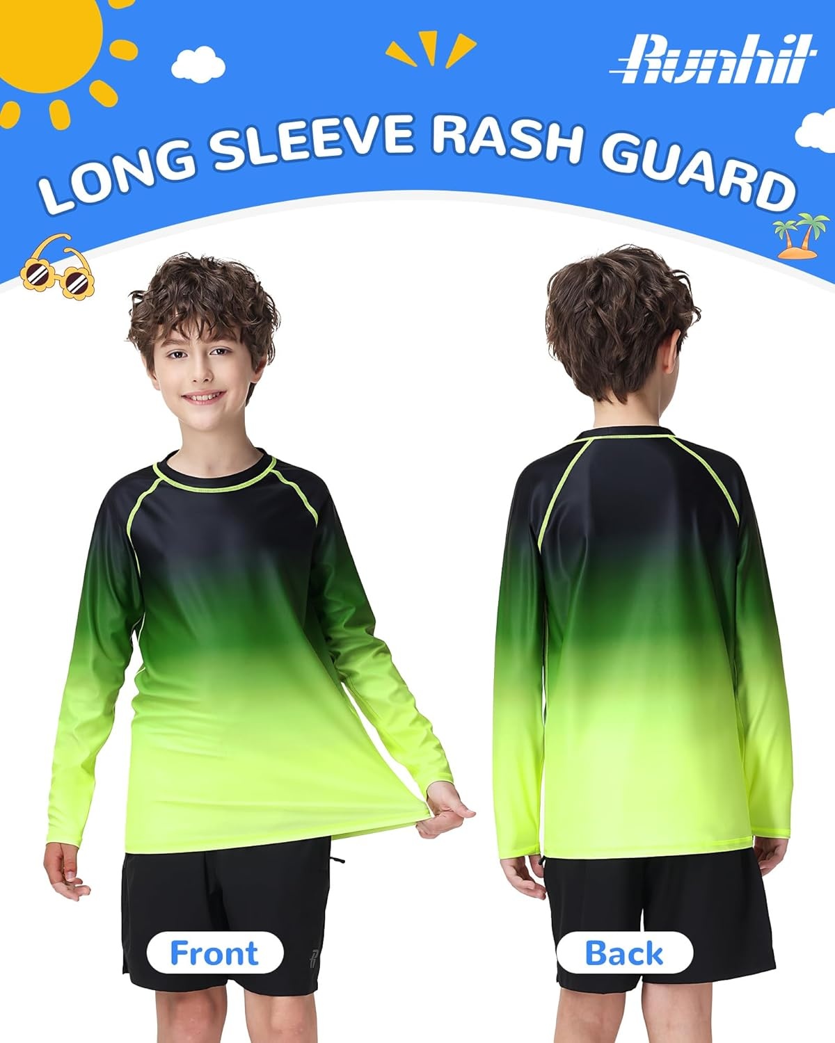 image:imageRunhit Boys Gradient Rash Guard Swim Shirt Long Sleeve Kids UPF 50 Sun Protection UV Water Shirts SPF Quick Dry RashguardBlackneon Green