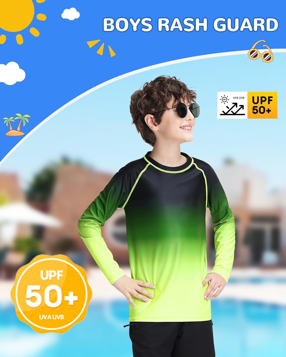 image:imageRunhit Boys Gradient Rash Guard Swim Shirt Long Sleeve Kids UPF 50 Sun Protection UV Water Shirts SPF Quick Dry RashguardBlackneon Green
