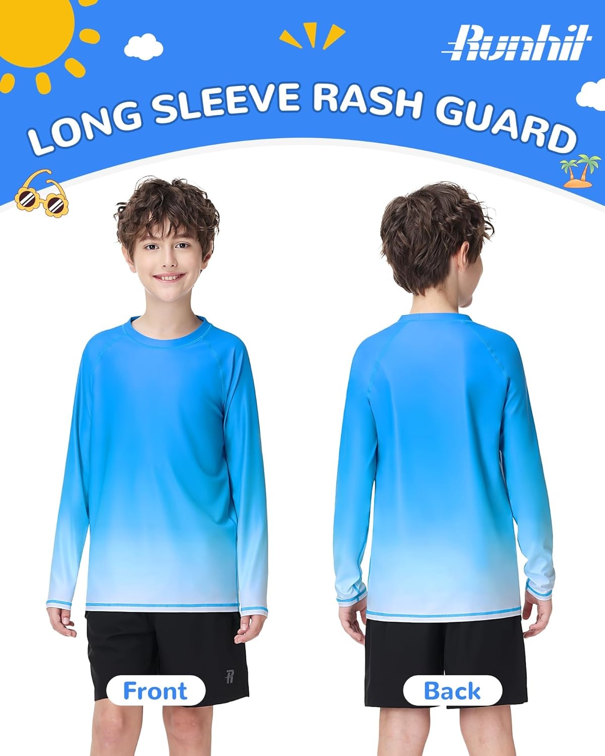 image:imageRunhit Boys Gradient Rash Guard Swim Shirt Long Sleeve Kids UPF 50 Sun Protection UV Water Shirts SPF Quick Dry RashguardDark Bluewhite