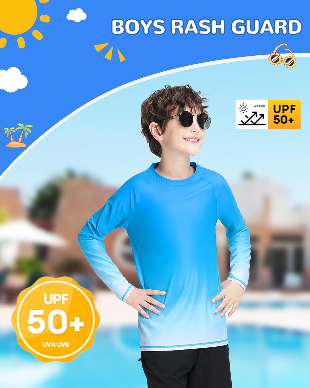 image:imageRunhit Boys Gradient Rash Guard Swim Shirt Long Sleeve Kids UPF 50 Sun Protection UV Water Shirts SPF Quick Dry RashguardDark Bluewhite
