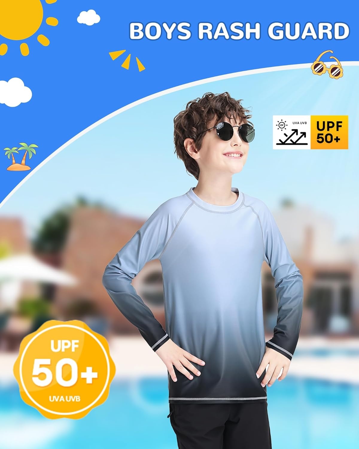 image:imageRunhit Boys Gradient Rash Guard Swim Shirt Long Sleeve Kids UPF 50 Sun Protection UV Water Shirts SPF Quick Dry RashguardGrayblack