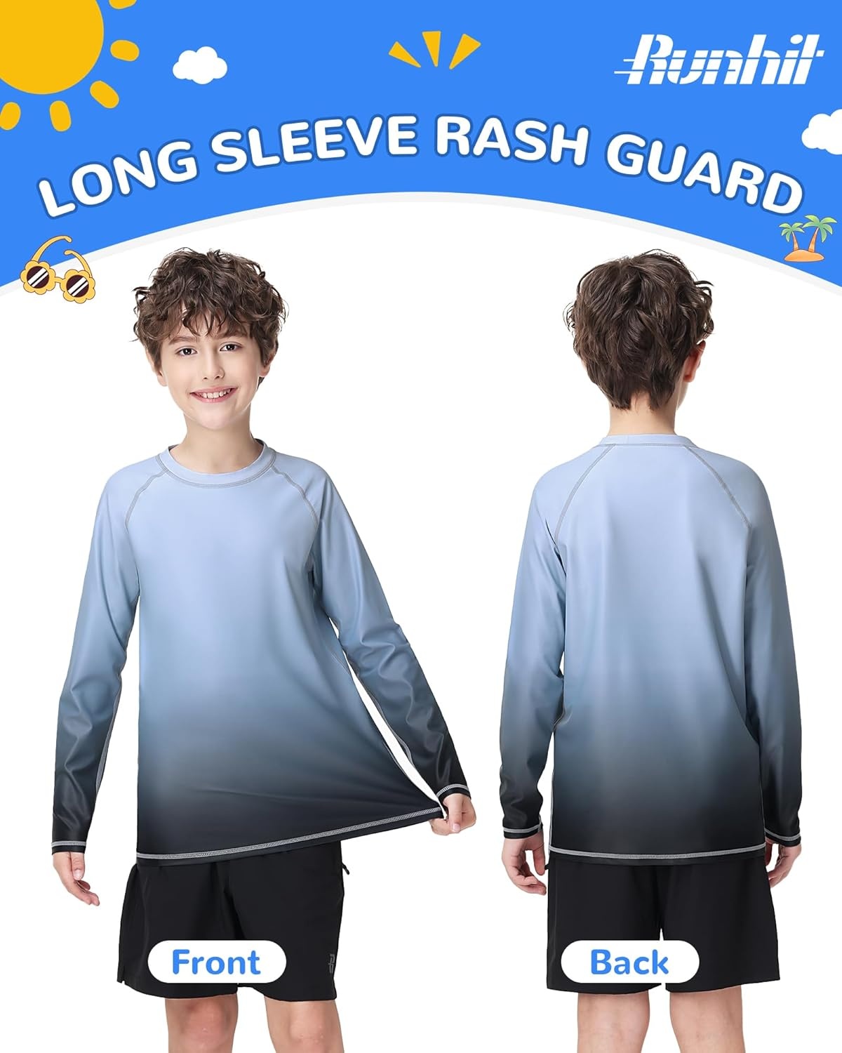 image:imageRunhit Boys Gradient Rash Guard Swim Shirt Long Sleeve Kids UPF 50 Sun Protection UV Water Shirts SPF Quick Dry RashguardGrayblack