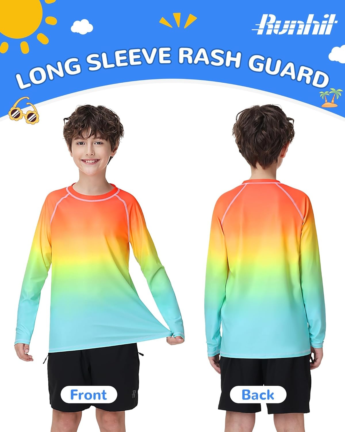 image:imageRunhit Boys Gradient Rash Guard Swim Shirt Long Sleeve Kids UPF 50 Sun Protection UV Water Shirts SPF Quick Dry RashguardOrangebluegreen