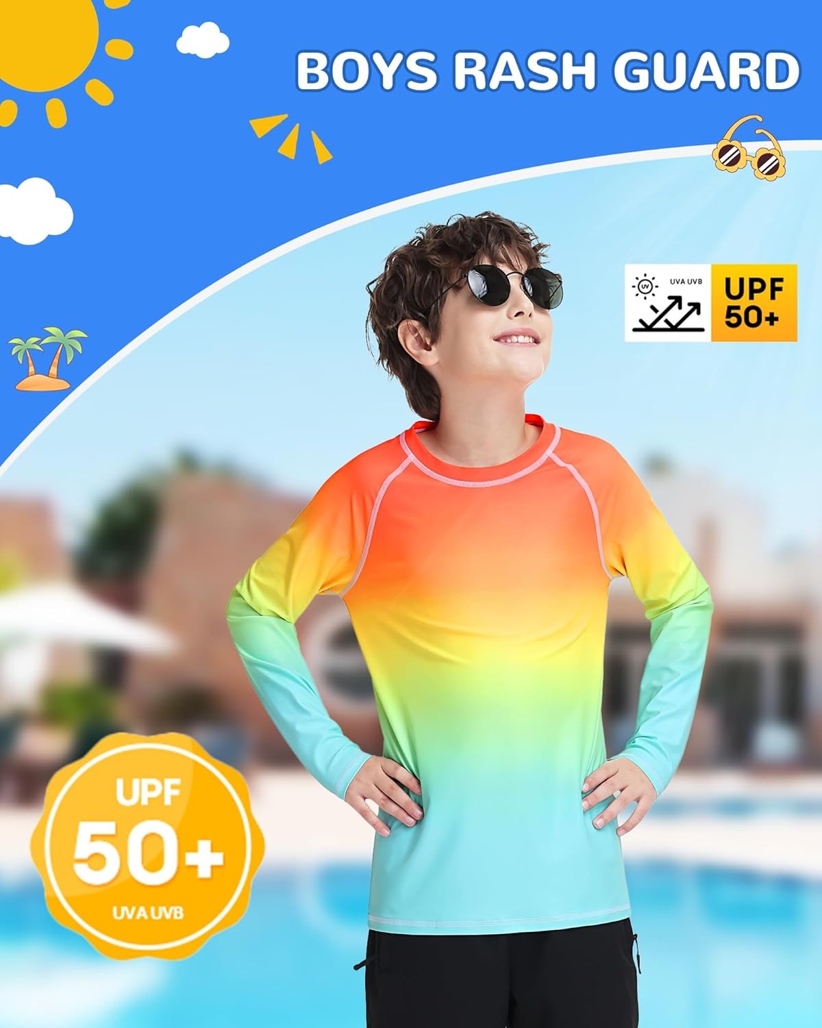image:imageRunhit Boys Gradient Rash Guard Swim Shirt Long Sleeve Kids UPF 50 Sun Protection UV Water Shirts SPF Quick Dry RashguardOrangebluegreen