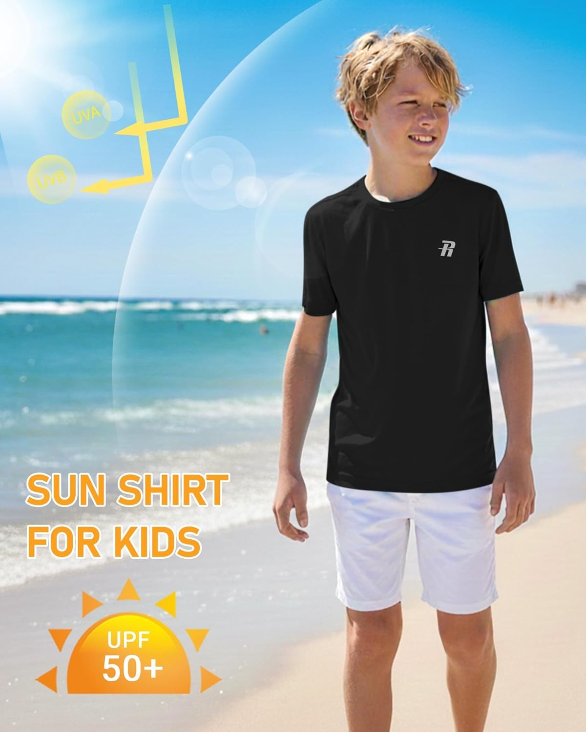 image:imageRunhit Boys Rash Guard Short Sleeve Swim Shirt Kids UPF 50 Quick Dry Rashguard Sun Protection Water TShirt 2T to YouthBlack