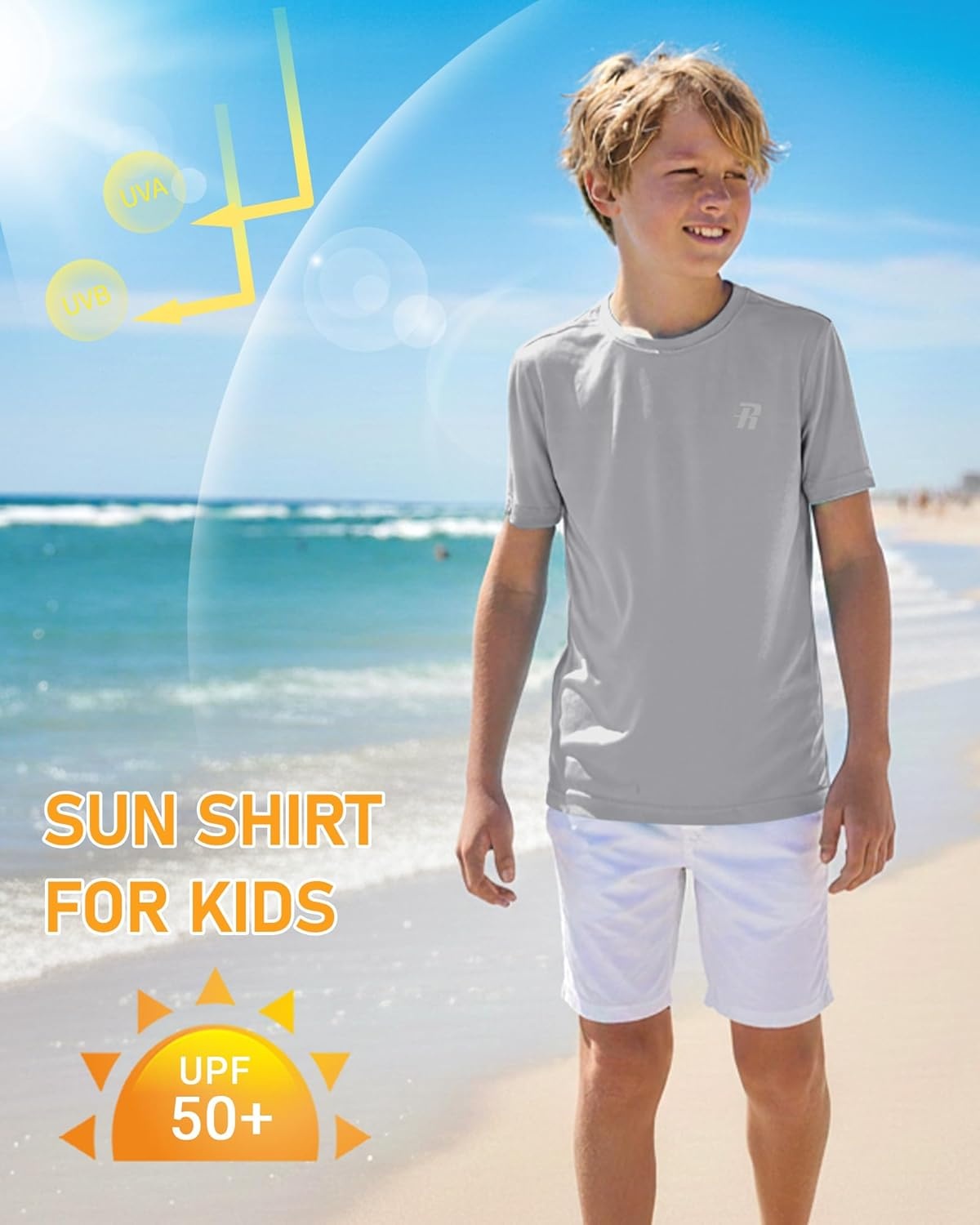 image:imageRunhit Boys Rash Guard Short Sleeve Swim Shirt Kids UPF 50 Quick Dry Rashguard Sun Protection Water TShirt 2T to YouthGray
