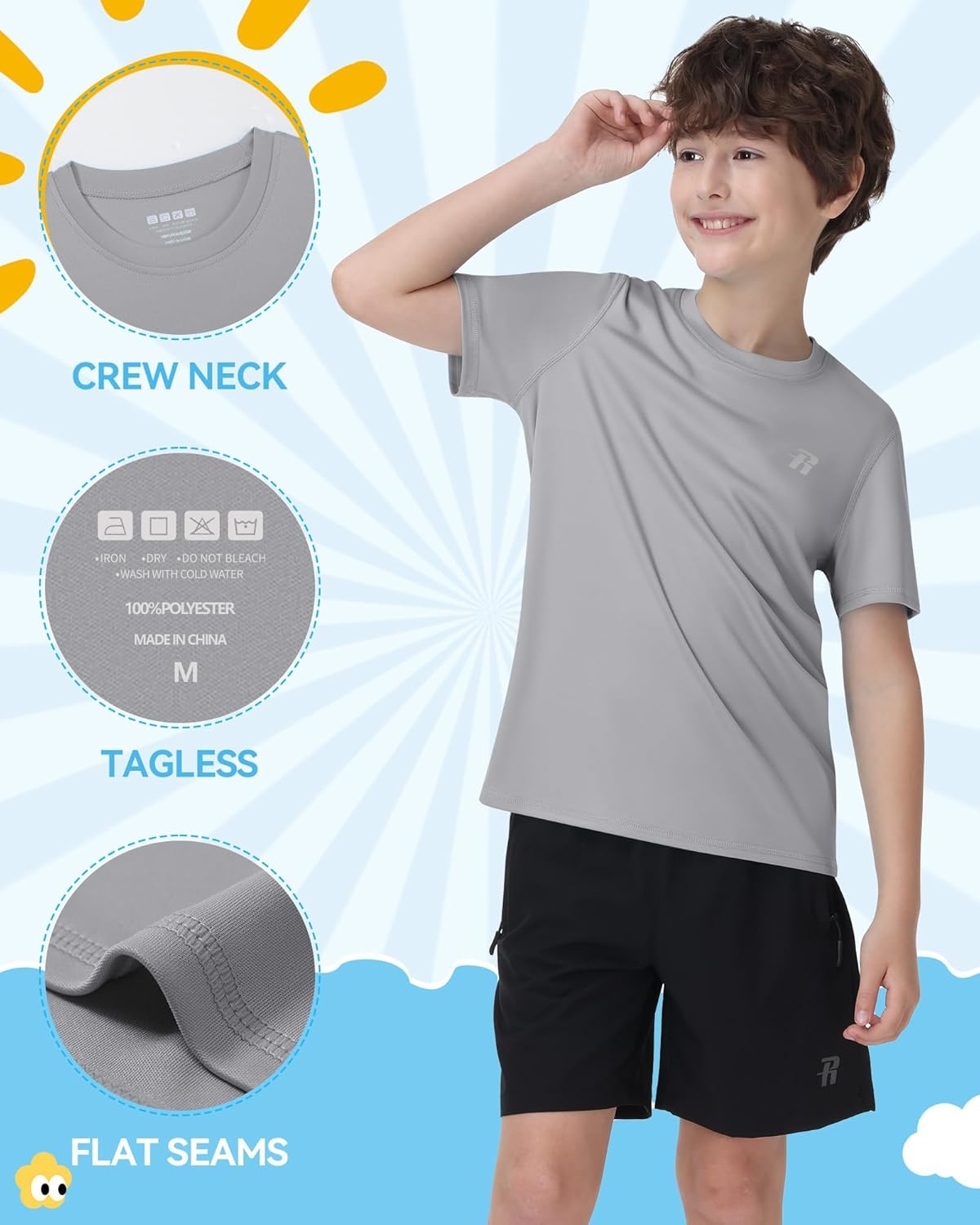 image:imageRunhit Boys Rash Guard Short Sleeve Swim Shirt Kids UPF 50 Quick Dry Rashguard Sun Protection Water TShirt 2T to YouthGray