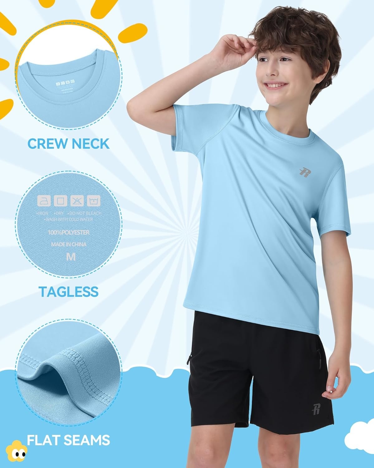 image:imageRunhit Boys Rash Guard Short Sleeve Swim Shirt Kids UPF 50 Quick Dry Rashguard Sun Protection Water TShirt 2T to YouthLight Blue