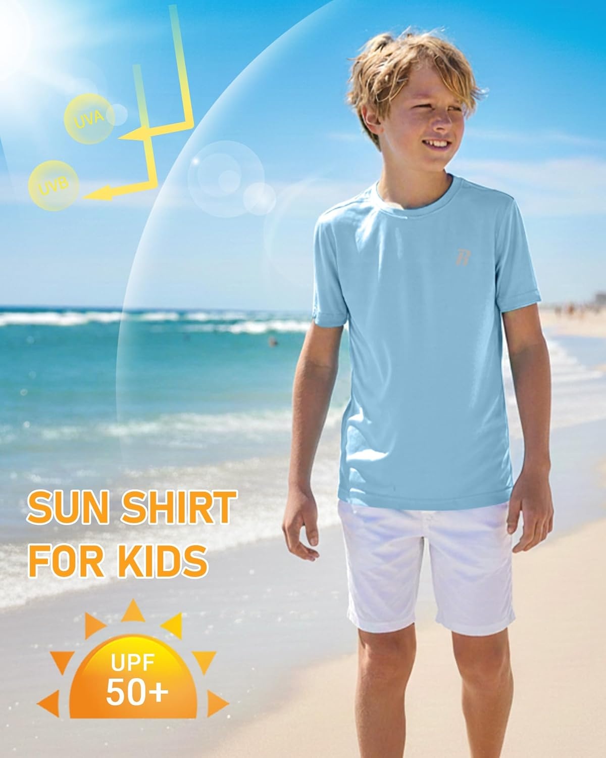image:imageRunhit Boys Rash Guard Short Sleeve Swim Shirt Kids UPF 50 Quick Dry Rashguard Sun Protection Water TShirt 2T to YouthLight Blue