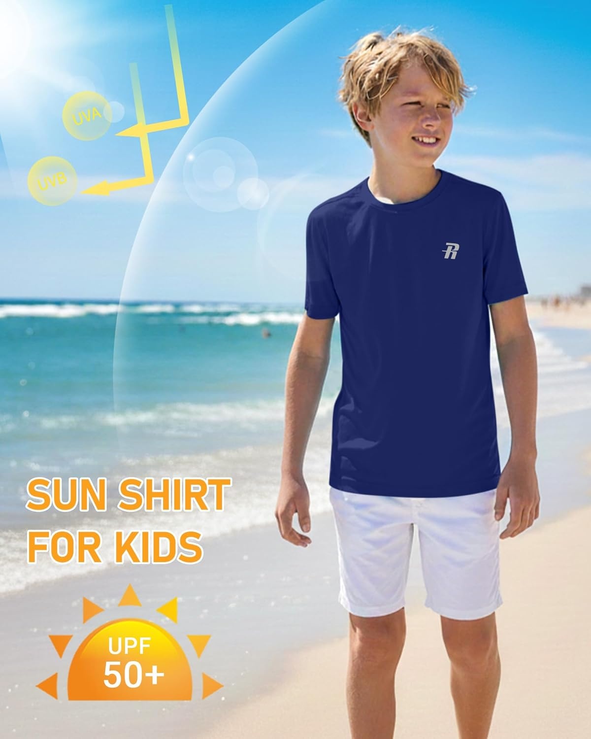 image:imageRunhit Boys Rash Guard Short Sleeve Swim Shirt Kids UPF 50 Quick Dry Rashguard Sun Protection Water TShirt 2T to YouthNautical Blue