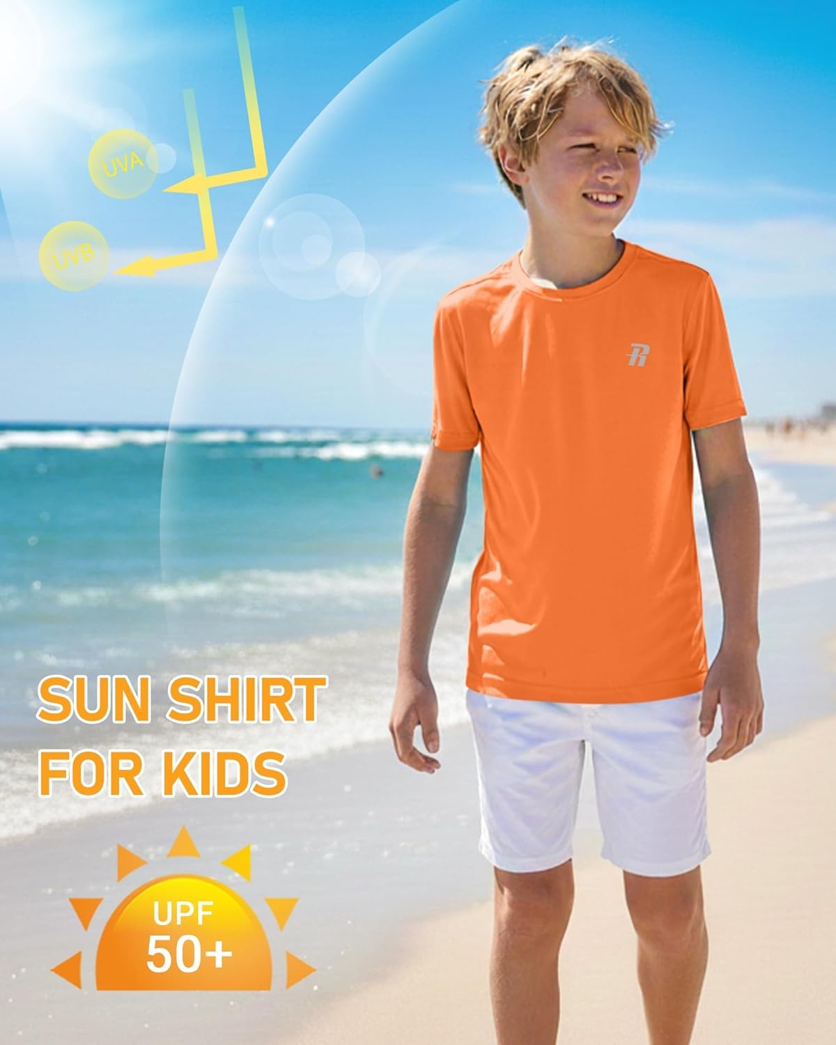 image:imageRunhit Boys Rash Guard Short Sleeve Swim Shirt Kids UPF 50 Quick Dry Rashguard Sun Protection Water TShirt 2T to YouthOrange