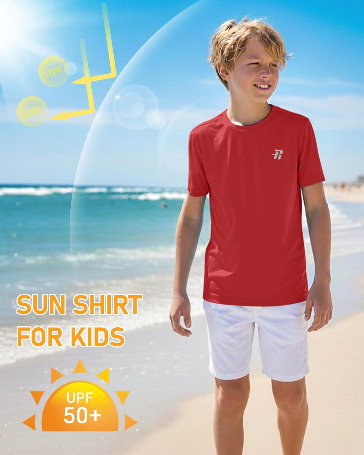 image:imageRunhit Boys Rash Guard Short Sleeve Swim Shirt Kids UPF 50 Quick Dry Rashguard Sun Protection Water TShirt 2T to YouthRed