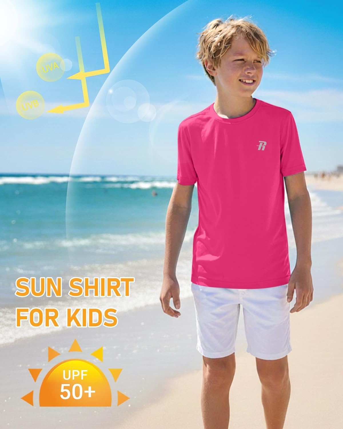 image:imageRunhit Boys Rash Guard Short Sleeve Swim Shirt Kids UPF 50 Quick Dry Rashguard Sun Protection Water TShirt 2T to YouthRose Red