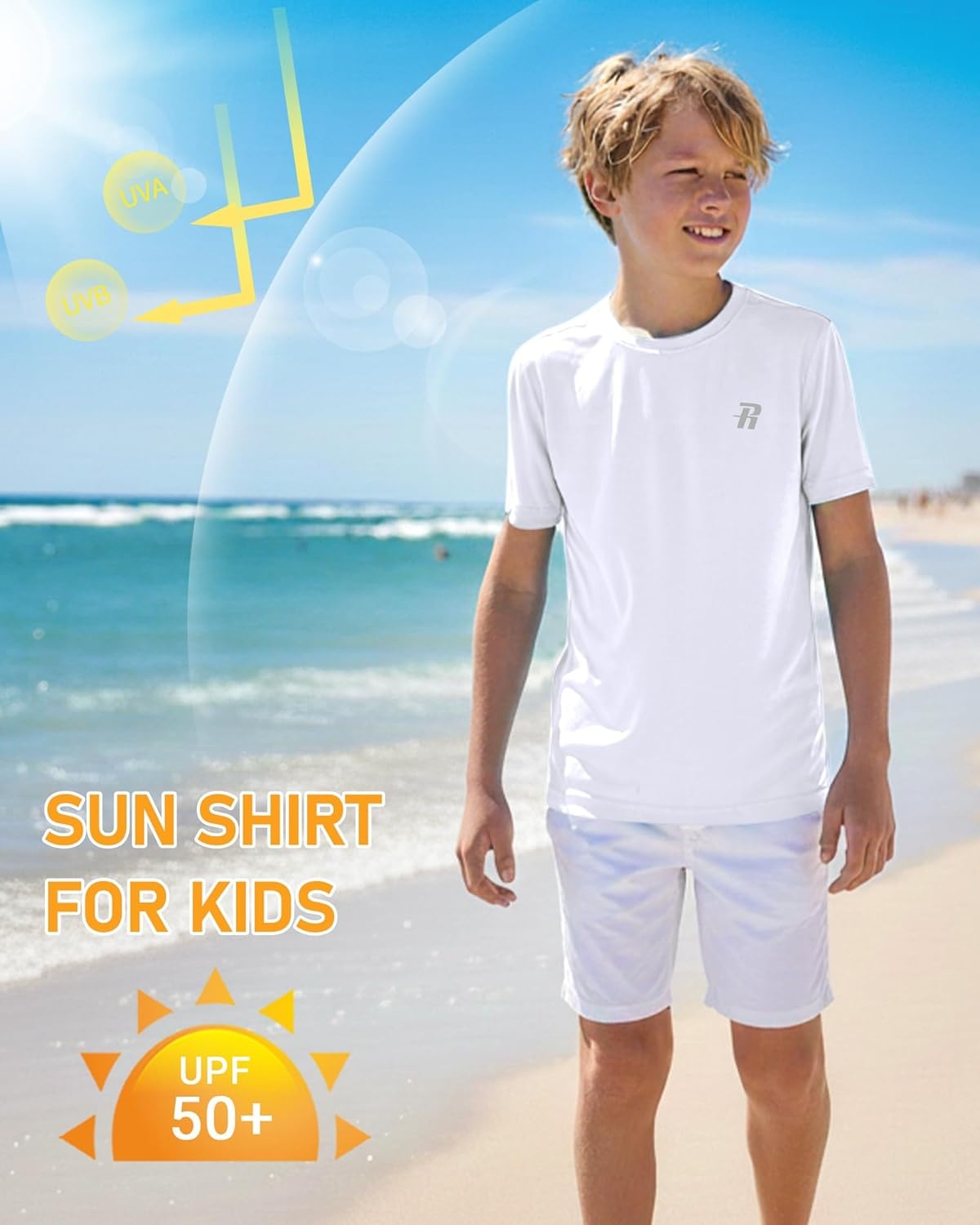 image:imageRunhit Boys Rash Guard Short Sleeve Swim Shirt Kids UPF 50 Quick Dry Rashguard Sun Protection Water TShirt 2T to YouthWhite