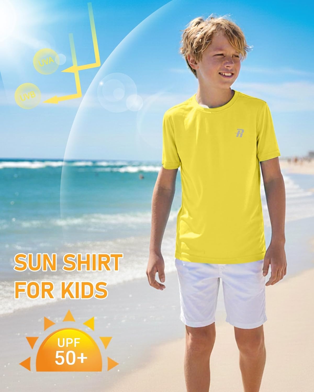 image:imageRunhit Boys Rash Guard Short Sleeve Swim Shirt Kids UPF 50 Quick Dry Rashguard Sun Protection Water TShirt 2T to YouthYellow