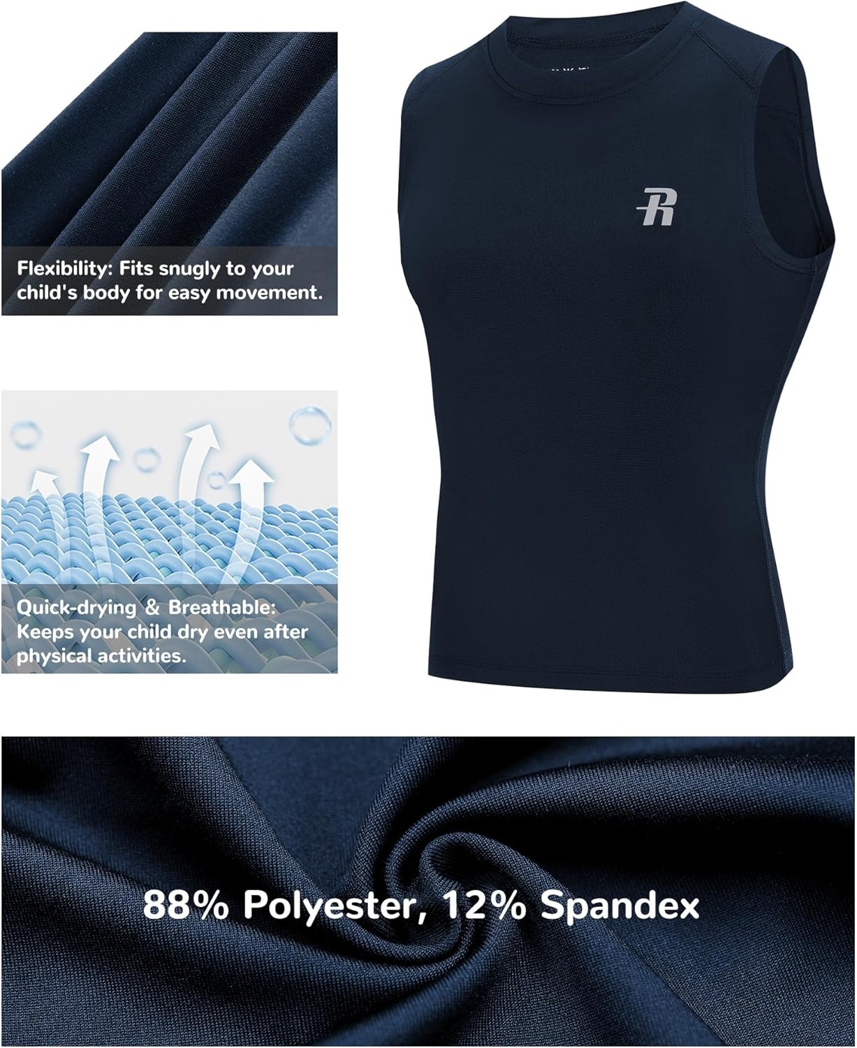 image:imageRunhit Boys Sleeveless Compression Shirt Kids Athletic Tank Tops Youth Quick Dry Undershirt for Football BasketballNavy