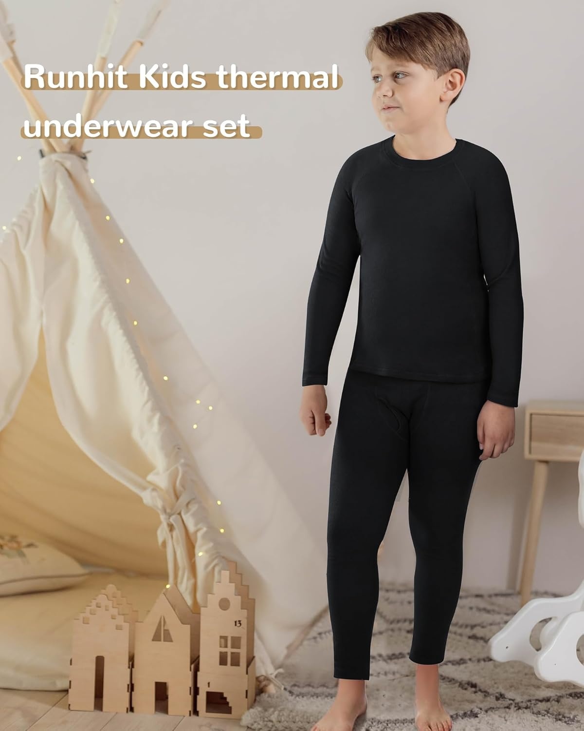 image:imageRunhit Boys Thermal Underwear Set Youth Kids Long Johns Boy Base Layer Soft Thermal Pants Fleece Lined Long Sleeve ShirtBlack