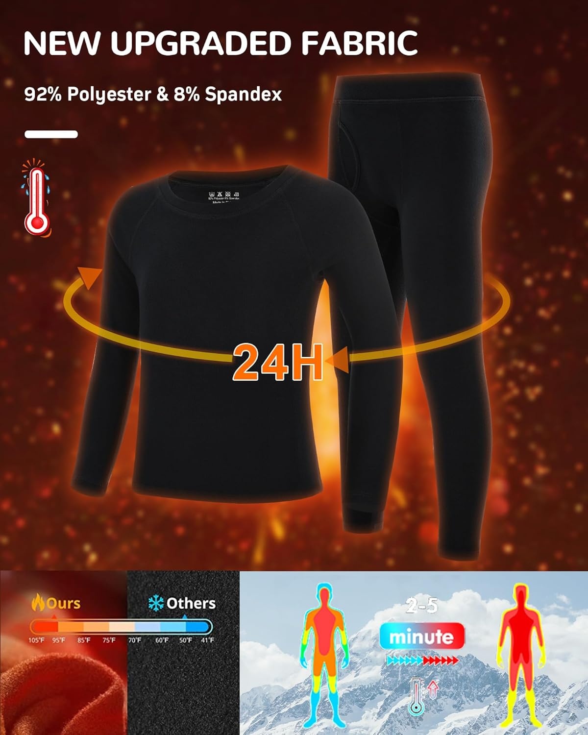 image:imageRunhit Boys Thermal Underwear Set Youth Kids Long Johns Boy Base Layer Soft Thermal Pants Fleece Lined Long Sleeve ShirtBlack