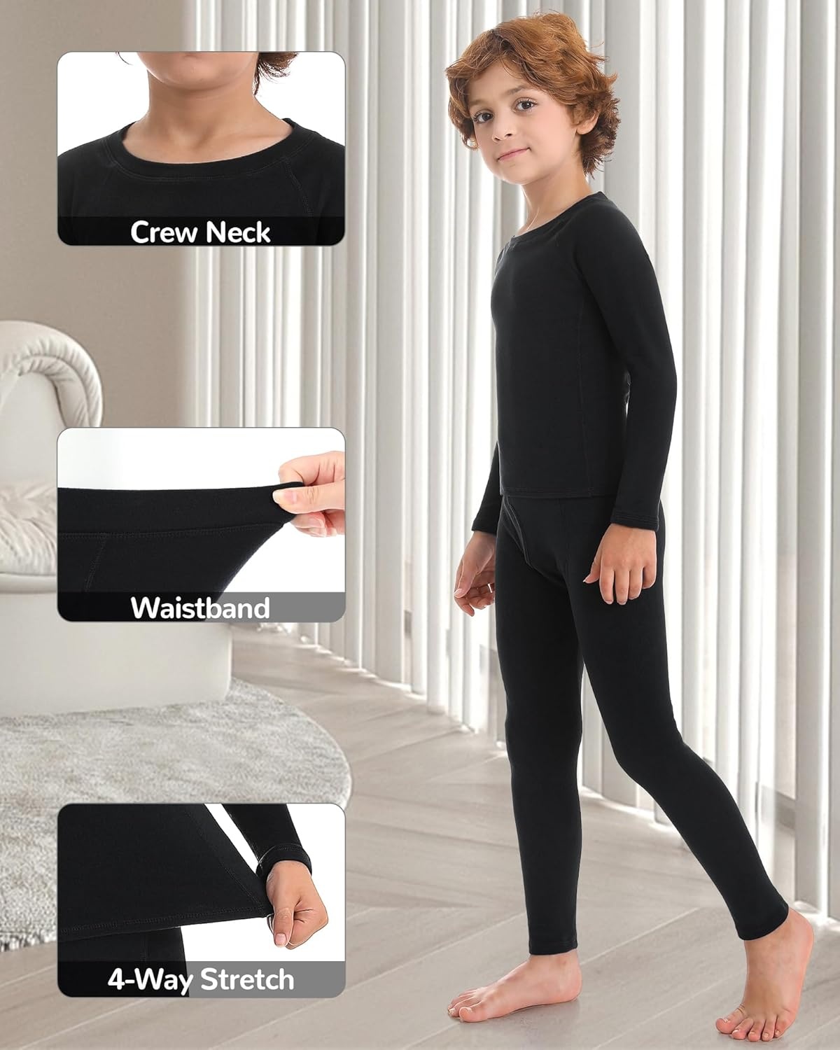 image:imageRunhit Boys Thermal Underwear Set Youth Kids Long Johns Boy Base Layer Soft Thermal Pants Fleece Lined Long Sleeve ShirtBlack