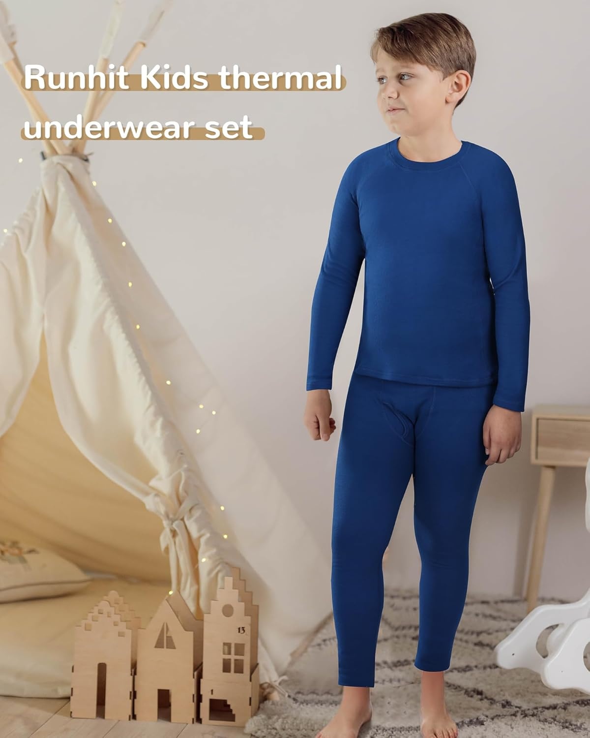 image:imageRunhit Boys Thermal Underwear Set Youth Kids Long Johns Boy Base Layer Soft Thermal Pants Fleece Lined Long Sleeve ShirtBlue