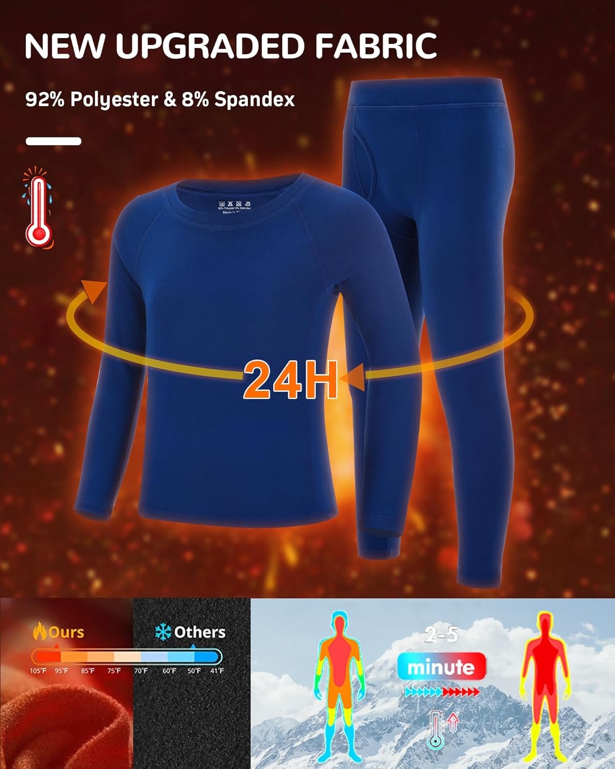 image:imageRunhit Boys Thermal Underwear Set Youth Kids Long Johns Boy Base Layer Soft Thermal Pants Fleece Lined Long Sleeve ShirtBlue