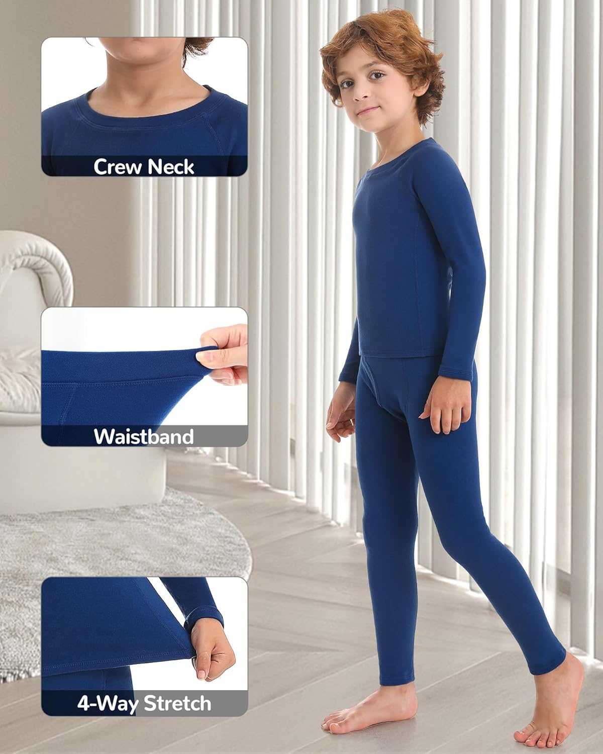 image:imageRunhit Boys Thermal Underwear Set Youth Kids Long Johns Boy Base Layer Soft Thermal Pants Fleece Lined Long Sleeve ShirtBlue