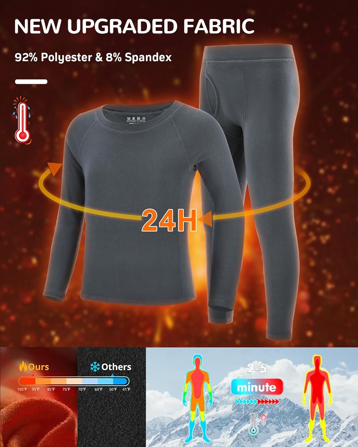 image:imageRunhit Boys Thermal Underwear Set Youth Kids Long Johns Boy Base Layer Soft Thermal Pants Fleece Lined Long Sleeve ShirtGrey