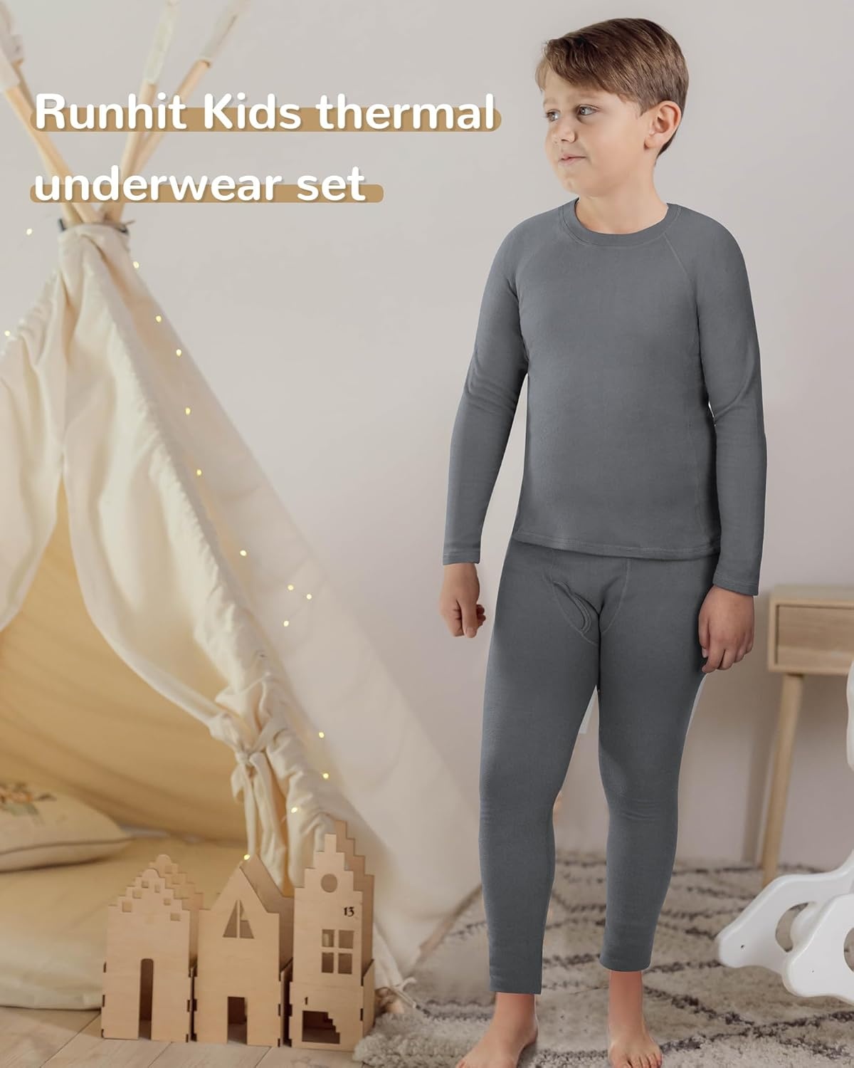 image:imageRunhit Boys Thermal Underwear Set Youth Kids Long Johns Boy Base Layer Soft Thermal Pants Fleece Lined Long Sleeve ShirtGrey
