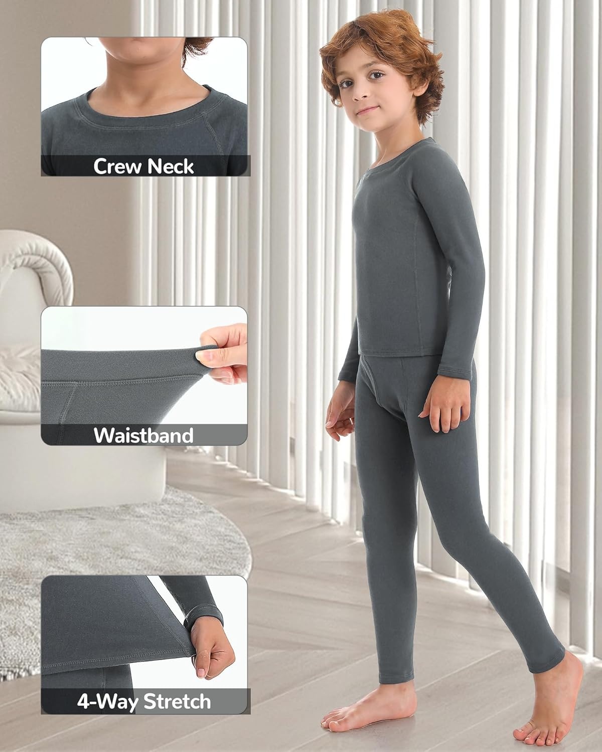 image:imageRunhit Boys Thermal Underwear Set Youth Kids Long Johns Boy Base Layer Soft Thermal Pants Fleece Lined Long Sleeve ShirtGrey