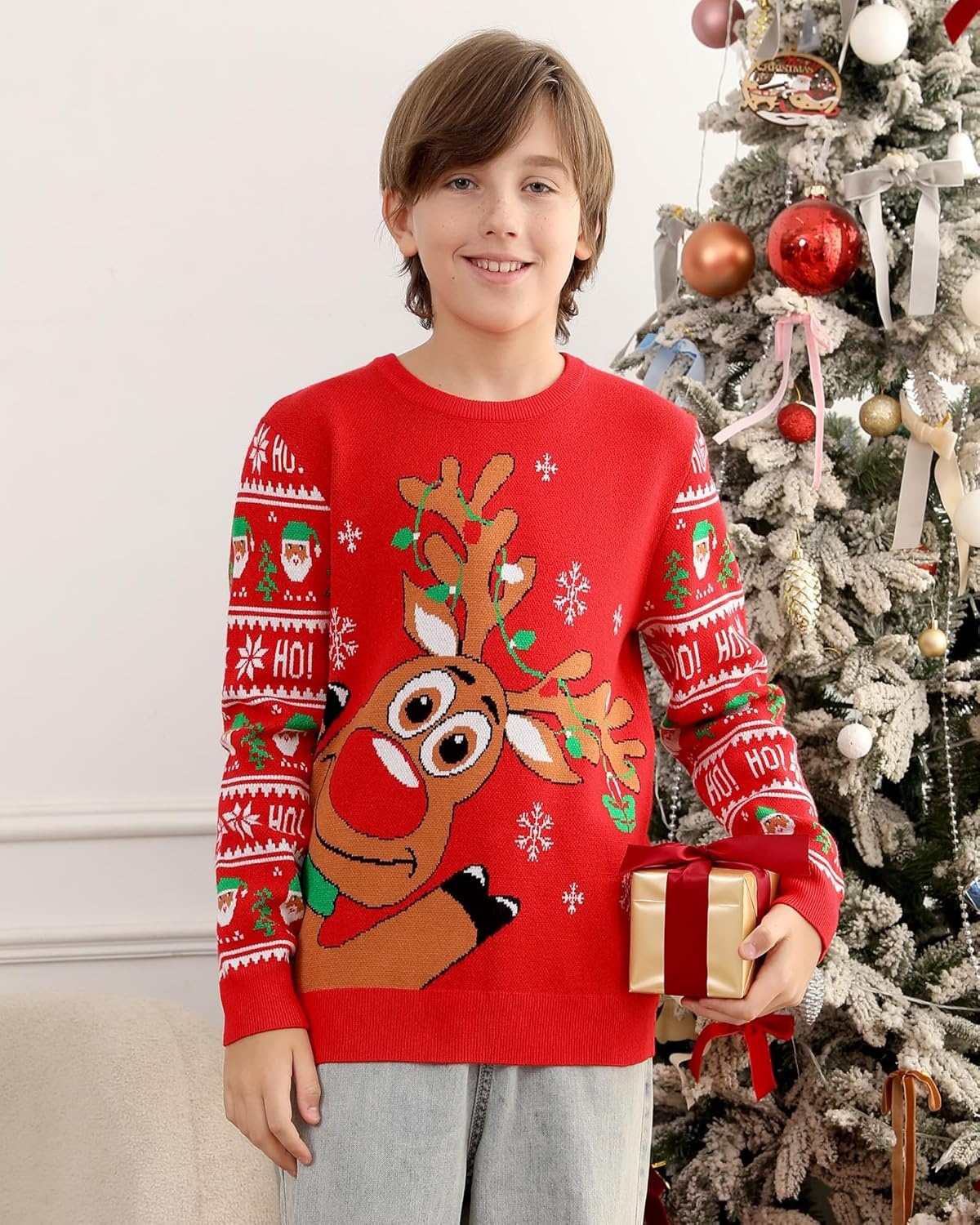 image:imageRunhit Boys Ugly Christmas Sweater Kids Funny Crew Neck Knitted Christmas Pullover for Xmas HolidayReindeer