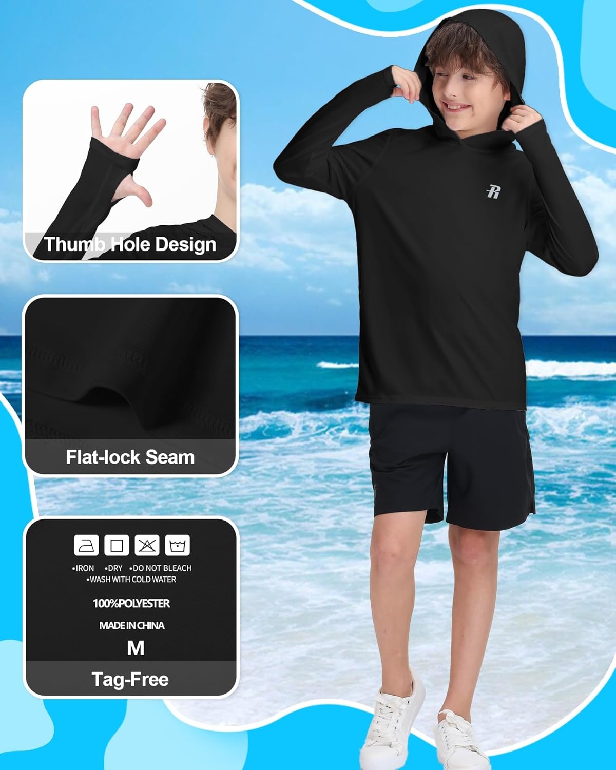 image:imageRunhit Boys amp Toddler UPF 50 Rash Guard Hoodie Kids UV Sun Protection Long Sleeve Shirt for Fishing Outdoor Beach CampingBlack