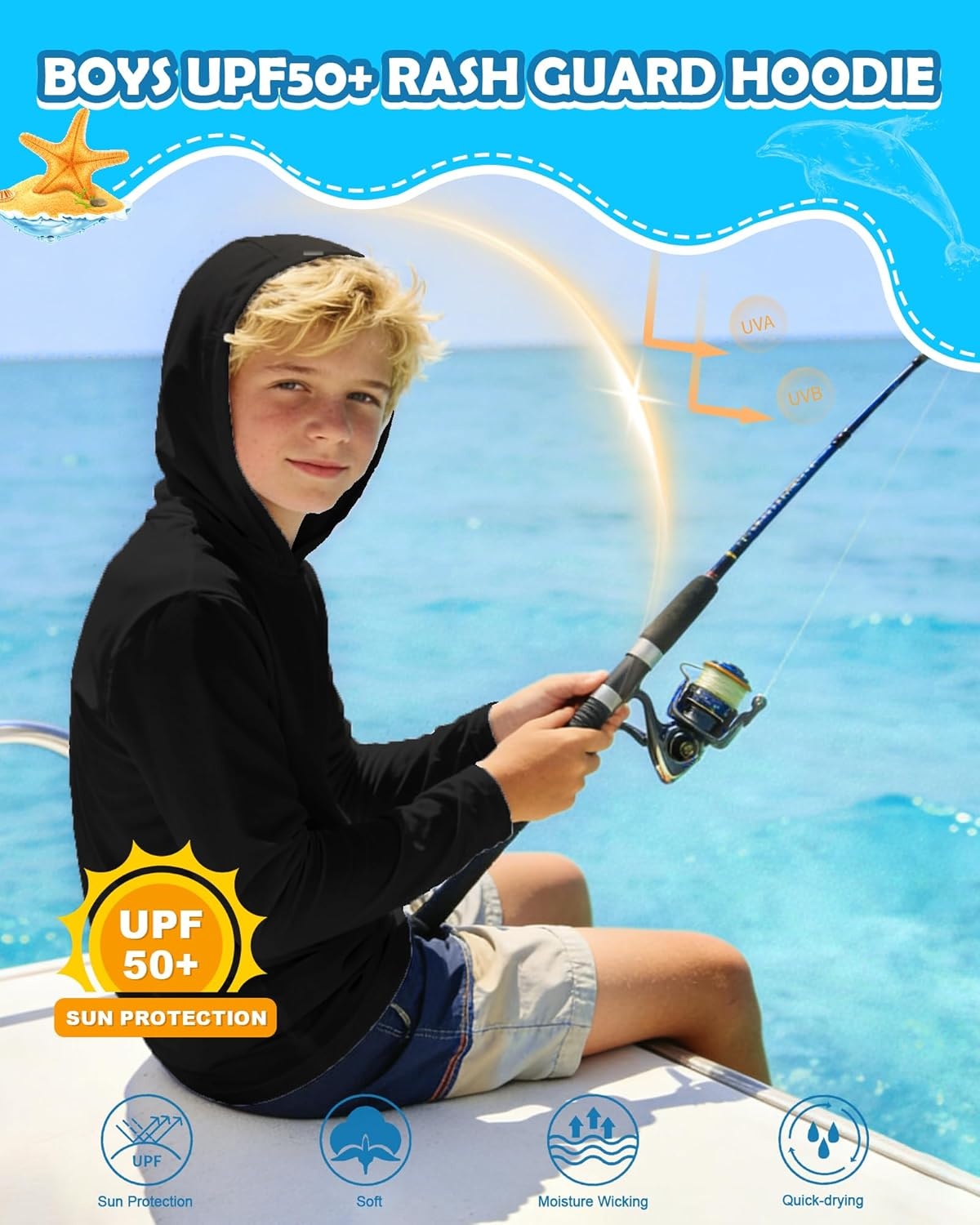 image:imageRunhit Boys amp Toddler UPF 50 Rash Guard Hoodie Kids UV Sun Protection Long Sleeve Shirt for Fishing Outdoor Beach CampingBlack