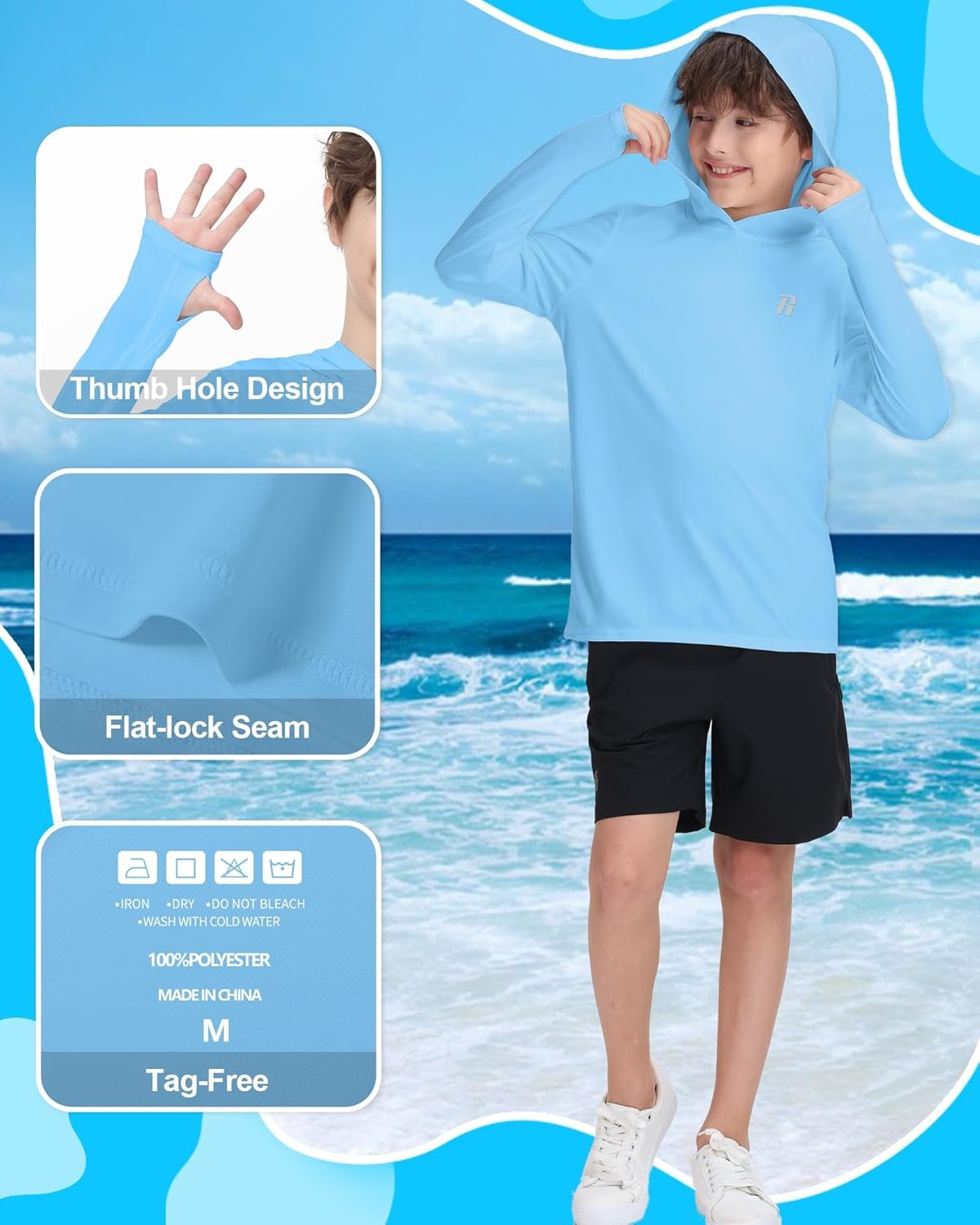 image:imageRunhit Boys amp Toddler UPF 50 Rash Guard Hoodie Kids UV Sun Protection Long Sleeve Shirt for Fishing Outdoor Beach CampingIce Blue
