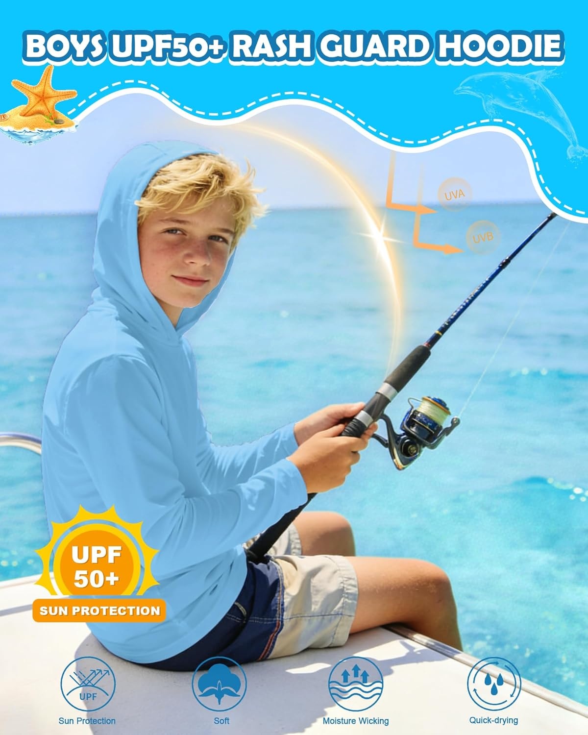 image:imageRunhit Boys amp Toddler UPF 50 Rash Guard Hoodie Kids UV Sun Protection Long Sleeve Shirt for Fishing Outdoor Beach CampingIce Blue