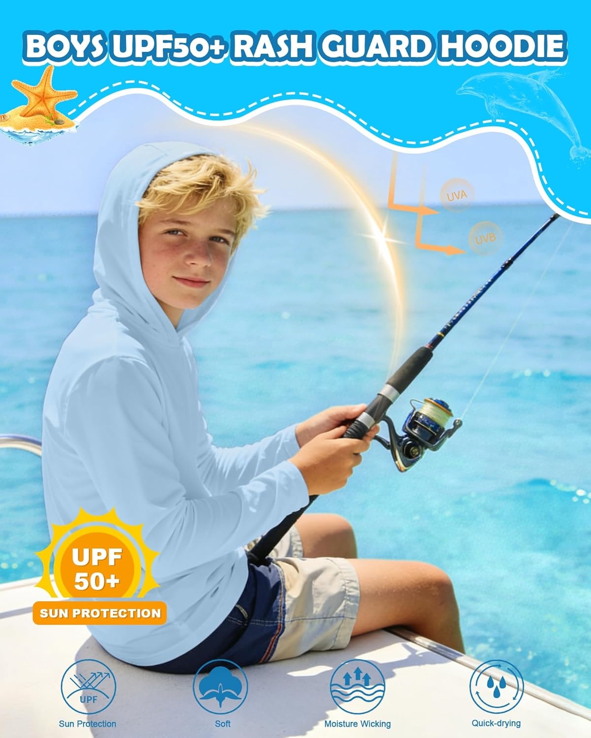 image:imageRunhit Boys amp Toddler UPF 50 Rash Guard Hoodie Kids UV Sun Protection Long Sleeve Shirt for Fishing Outdoor Beach CampingLight Blue