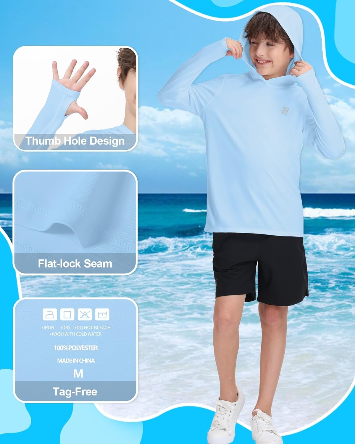 image:imageRunhit Boys amp Toddler UPF 50 Rash Guard Hoodie Kids UV Sun Protection Long Sleeve Shirt for Fishing Outdoor Beach CampingLight Blue