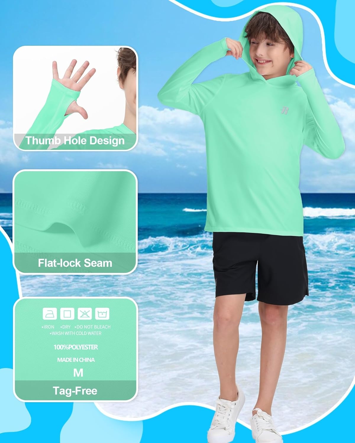 image:imageRunhit Boys amp Toddler UPF 50 Rash Guard Hoodie Kids UV Sun Protection Long Sleeve Shirt for Fishing Outdoor Beach CampingMint Green