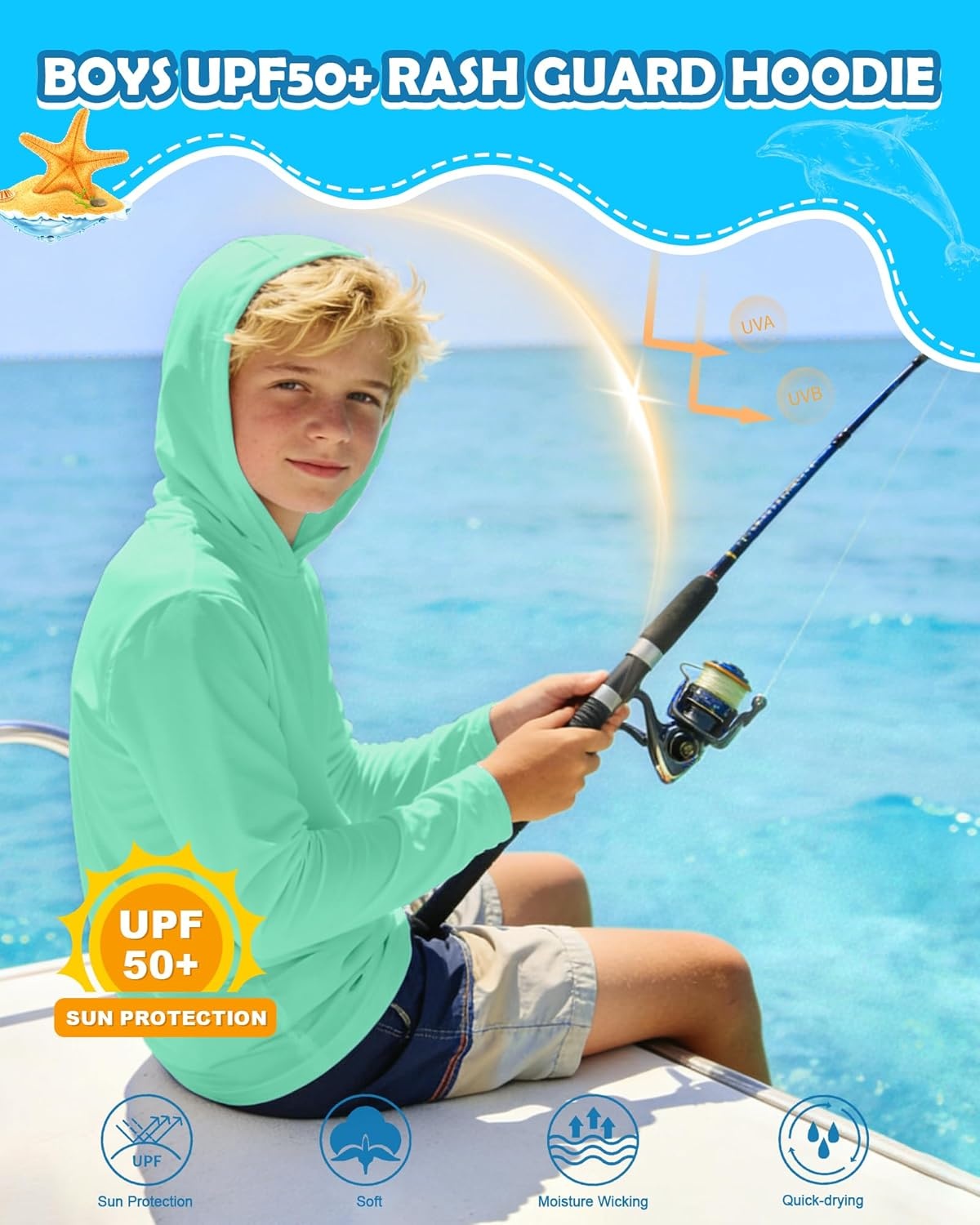image:imageRunhit Boys amp Toddler UPF 50 Rash Guard Hoodie Kids UV Sun Protection Long Sleeve Shirt for Fishing Outdoor Beach CampingMint Green