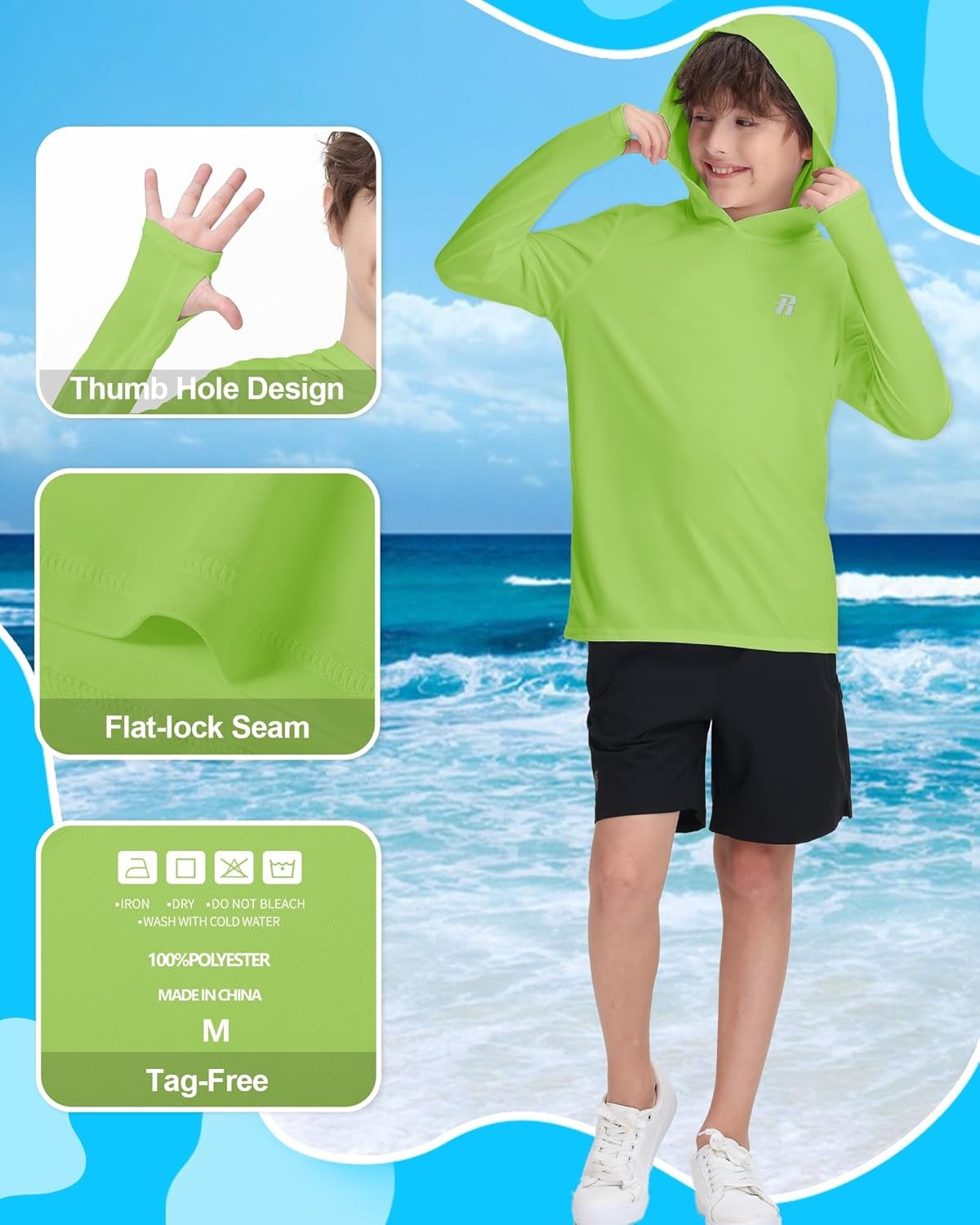 image:imageRunhit Boys amp Toddler UPF 50 Rash Guard Hoodie Kids UV Sun Protection Long Sleeve Shirt for Fishing Outdoor Beach CampingNeon Green