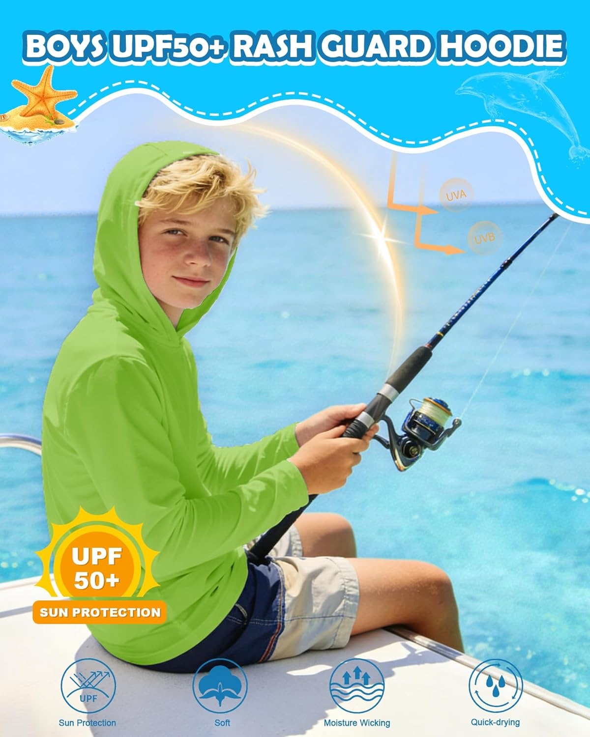 image:imageRunhit Boys amp Toddler UPF 50 Rash Guard Hoodie Kids UV Sun Protection Long Sleeve Shirt for Fishing Outdoor Beach CampingNeon Green