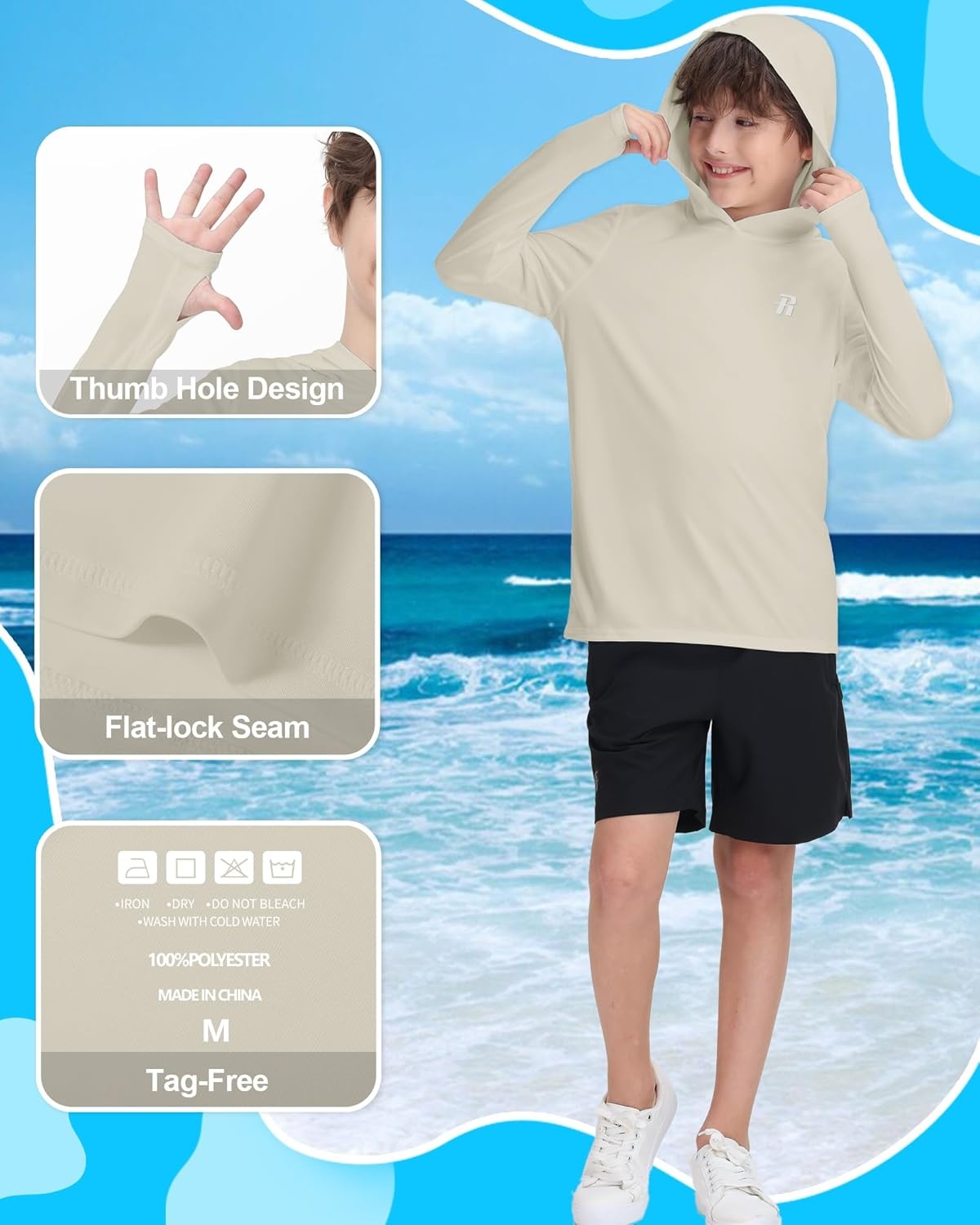 image:imageRunhit Boys amp Toddler UPF 50 Rash Guard Hoodie Kids UV Sun Protection Long Sleeve Shirt for Fishing Outdoor Beach CampingOatmeal