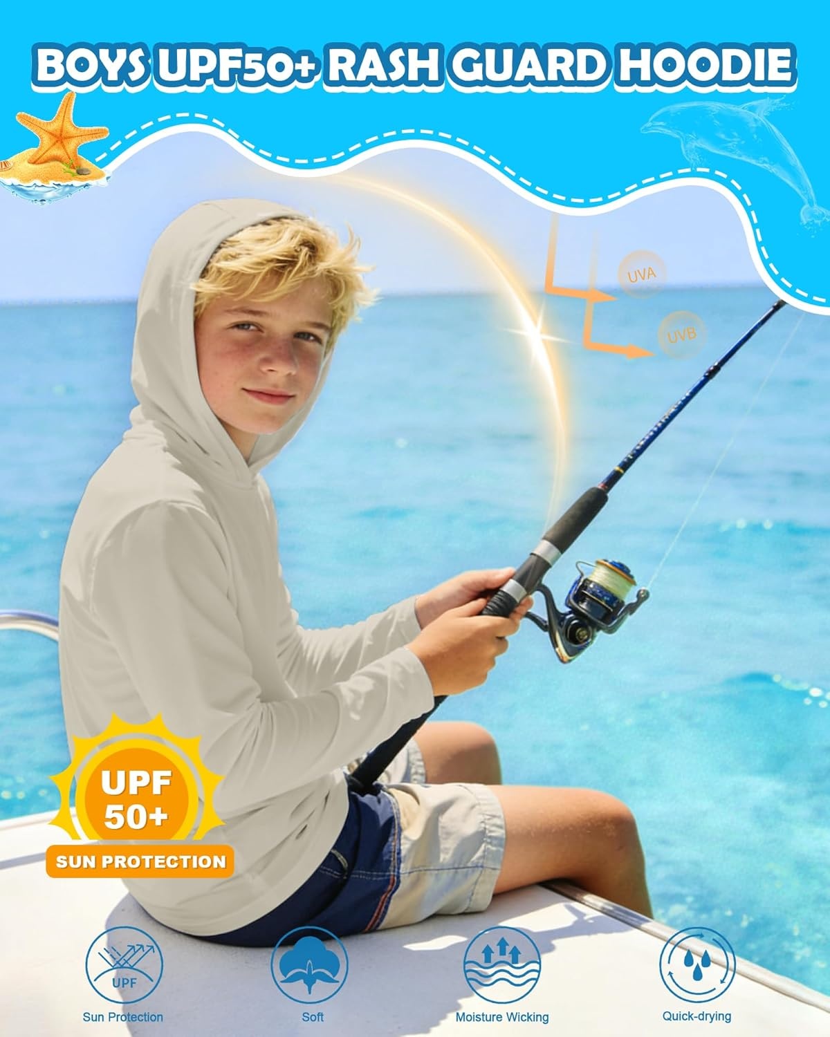 image:imageRunhit Boys amp Toddler UPF 50 Rash Guard Hoodie Kids UV Sun Protection Long Sleeve Shirt for Fishing Outdoor Beach CampingOatmeal
