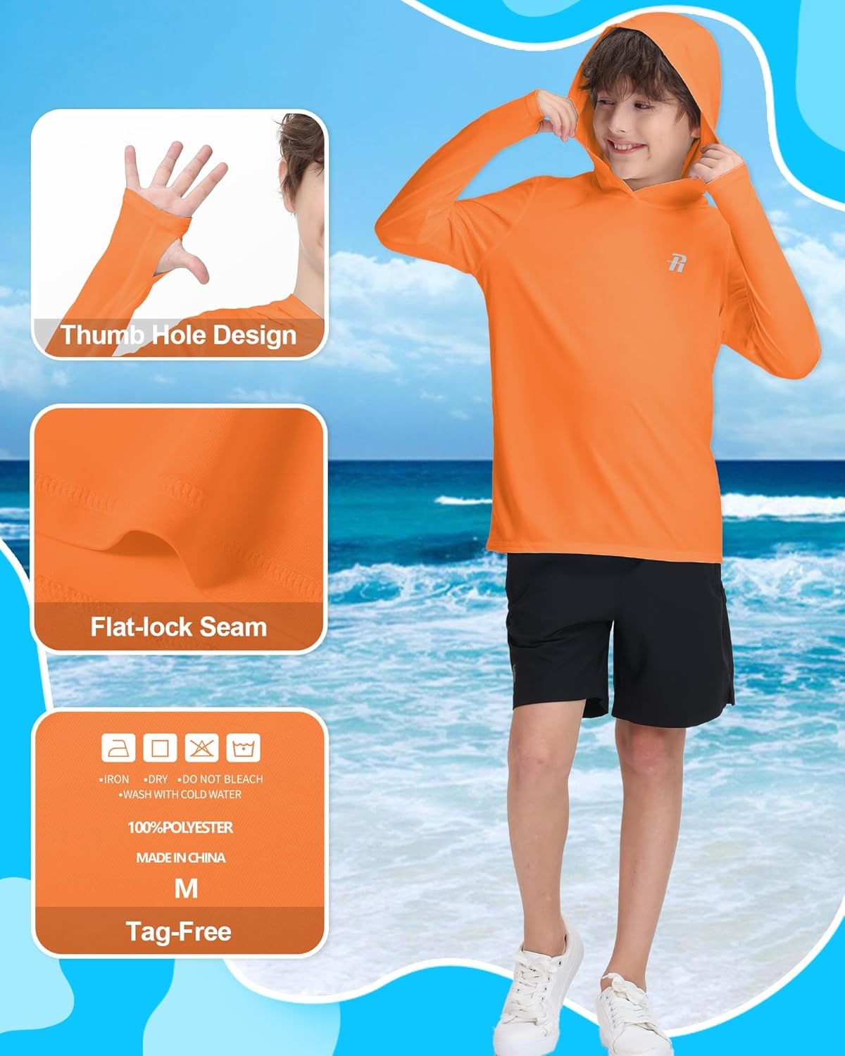 image:imageRunhit Boys amp Toddler UPF 50 Rash Guard Hoodie Kids UV Sun Protection Long Sleeve Shirt for Fishing Outdoor Beach CampingOrange