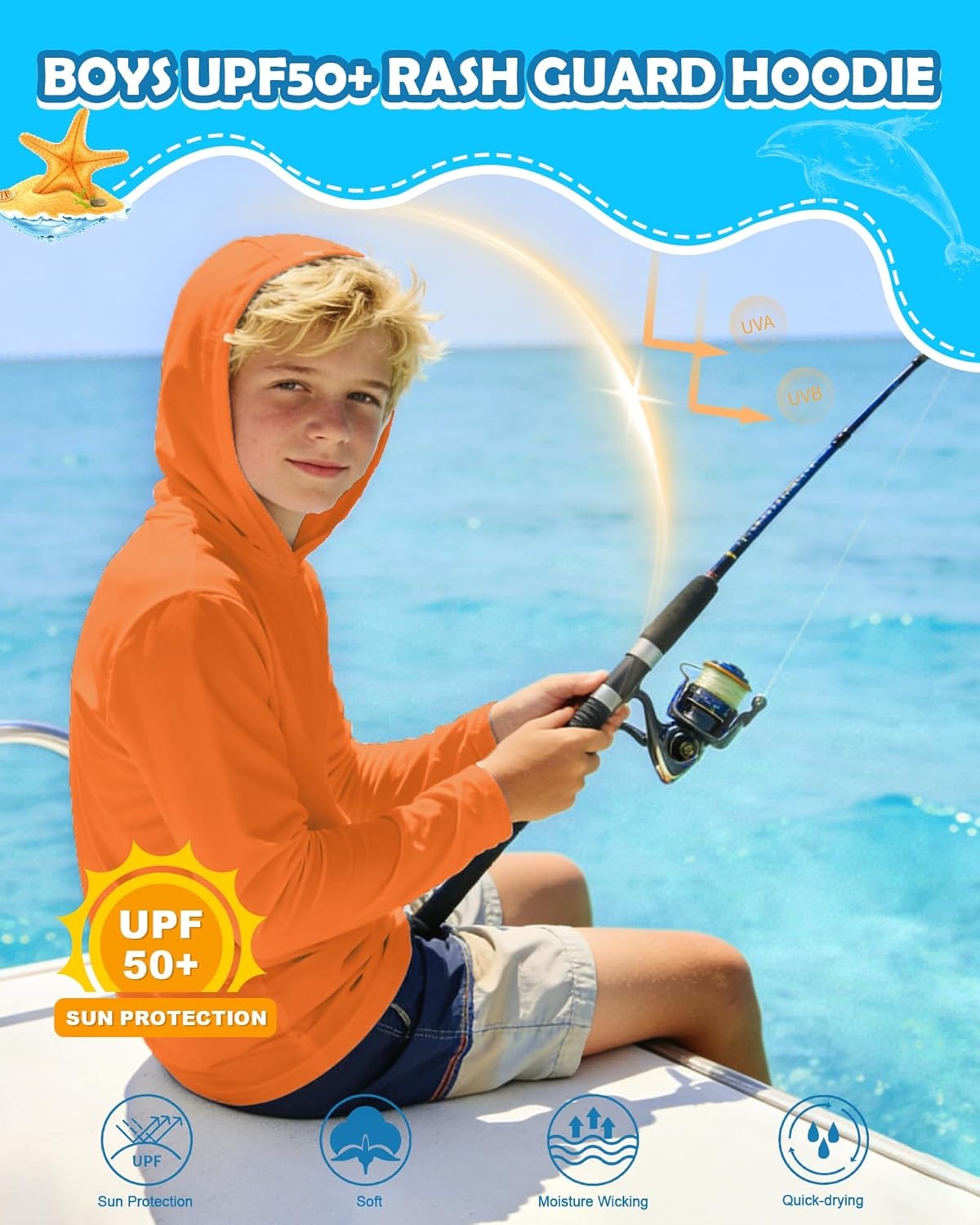 image:imageRunhit Boys amp Toddler UPF 50 Rash Guard Hoodie Kids UV Sun Protection Long Sleeve Shirt for Fishing Outdoor Beach CampingOrange