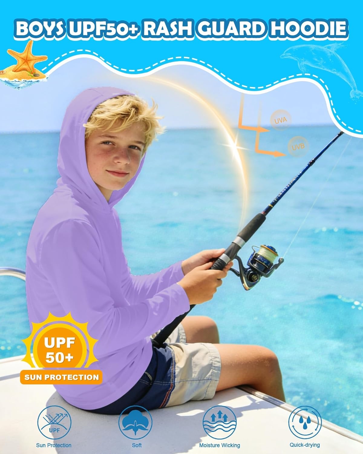 image:imageRunhit Boys amp Toddler UPF 50 Rash Guard Hoodie Kids UV Sun Protection Long Sleeve Shirt for Fishing Outdoor Beach CampingPurple