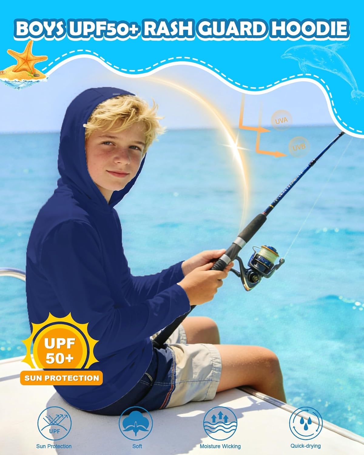 image:imageRunhit Boys amp Toddler UPF 50 Rash Guard Hoodie Kids UV Sun Protection Long Sleeve Shirt for Fishing Outdoor Beach CampingRoyal Blue