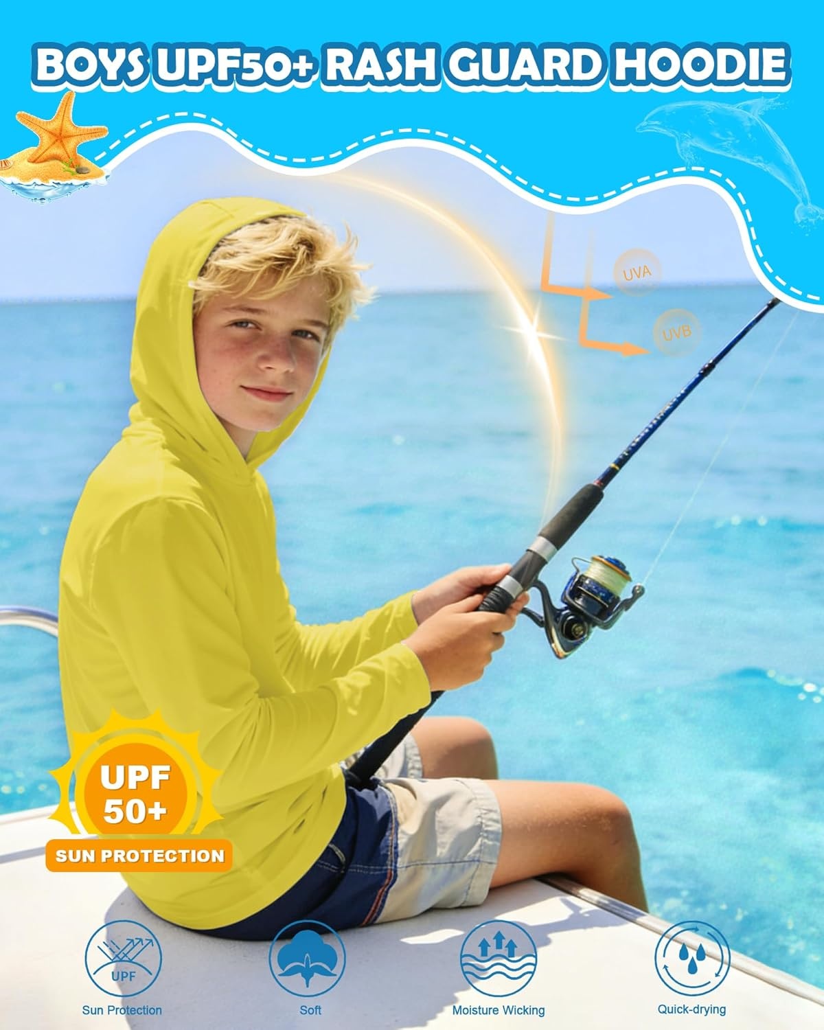 image:imageRunhit Boys amp Toddler UPF 50 Rash Guard Hoodie Kids UV Sun Protection Long Sleeve Shirt for Fishing Outdoor Beach CampingYellow