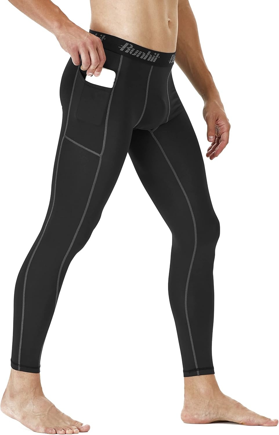 image:imageRunhit Compression Pants Men Running Tights Leggings Athletic Workout Gym Pants2 Pack Pocket Black Gray