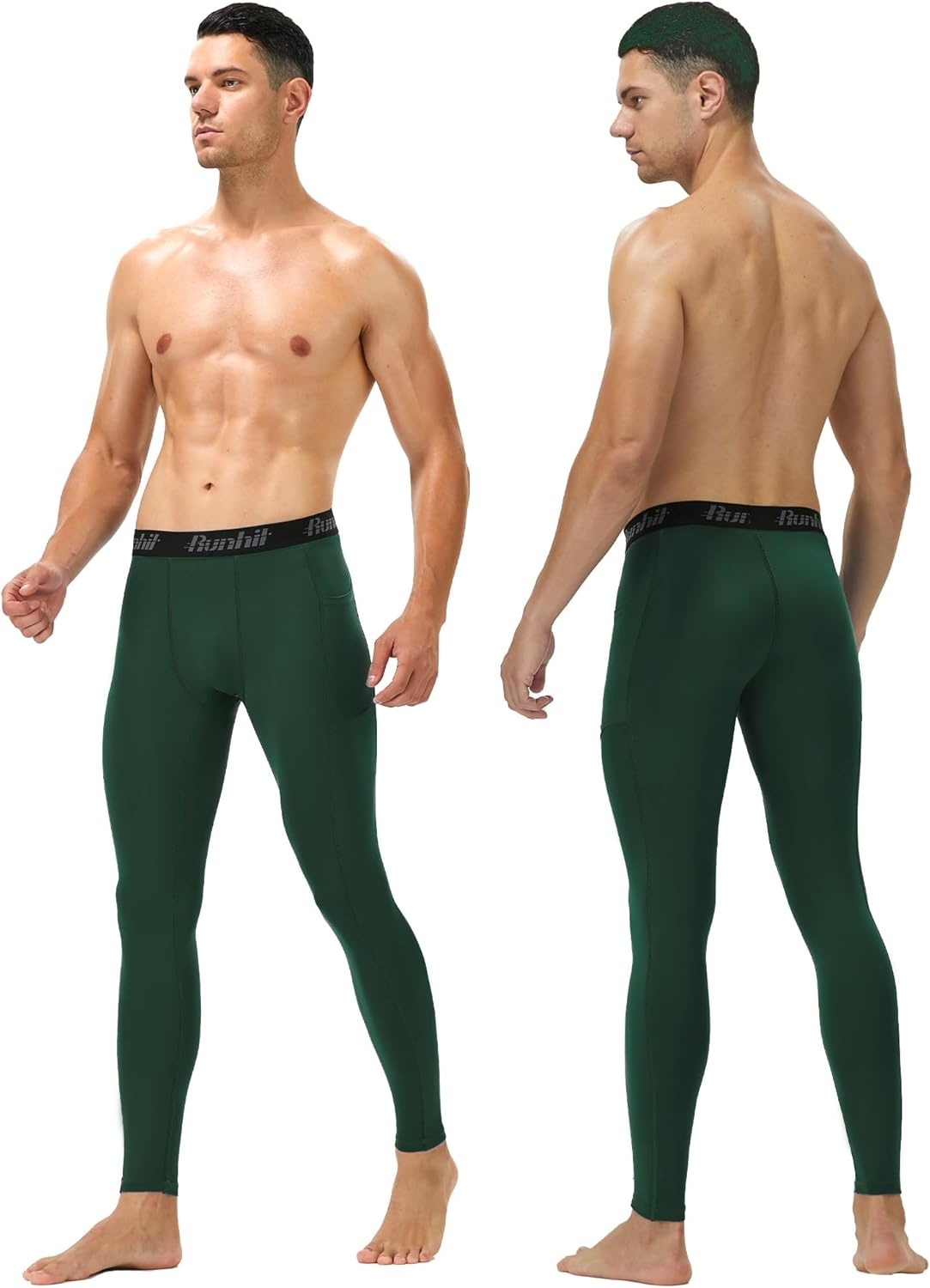 image:imageRunhit Compression Pants Men Running Tights Leggings Athletic Workout Gym Pants2 Pack With Pocket Black Green