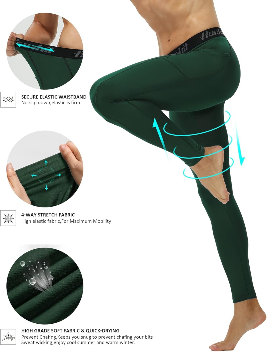image:imageRunhit Compression Pants Men Running Tights Leggings Athletic Workout Gym Pants2 Pack With Pocket Black Green